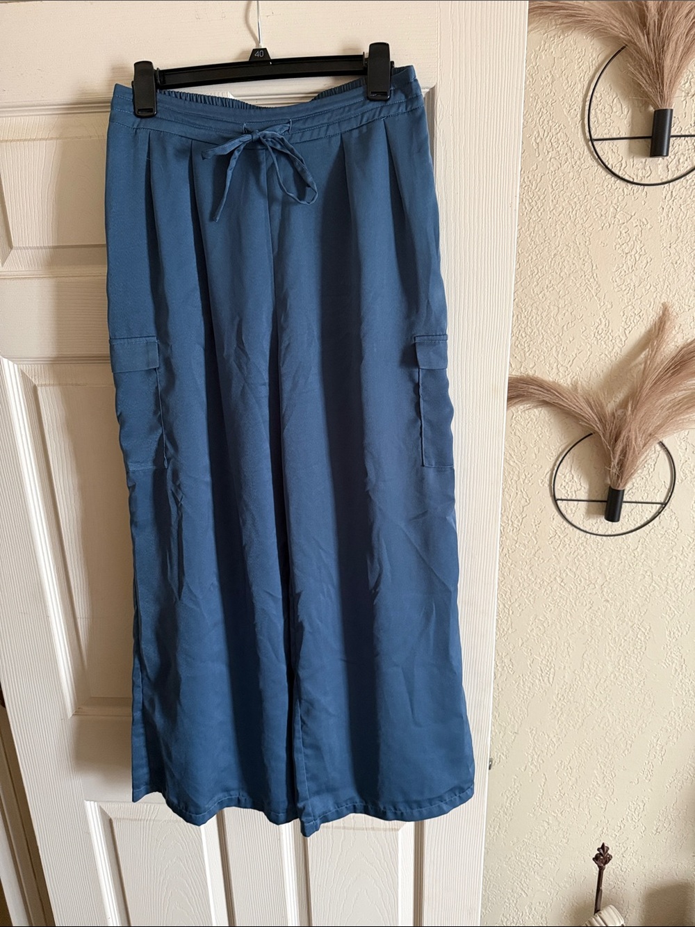 Pink Lily Blue Wide-Leg Drawstring Cargo Trousers